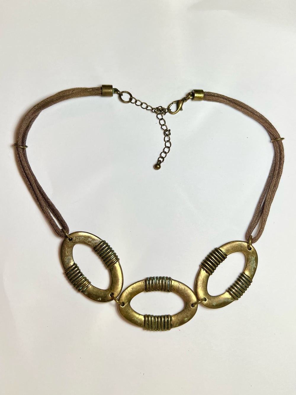 Vintage Boho Statement Necklace Bronze Tone Oval Links Multi Strand Cord